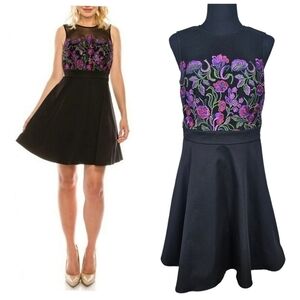 Bebe Floral Embroidered Sleeveless Mesh Mini Cocktail Dress Black Womens Medium